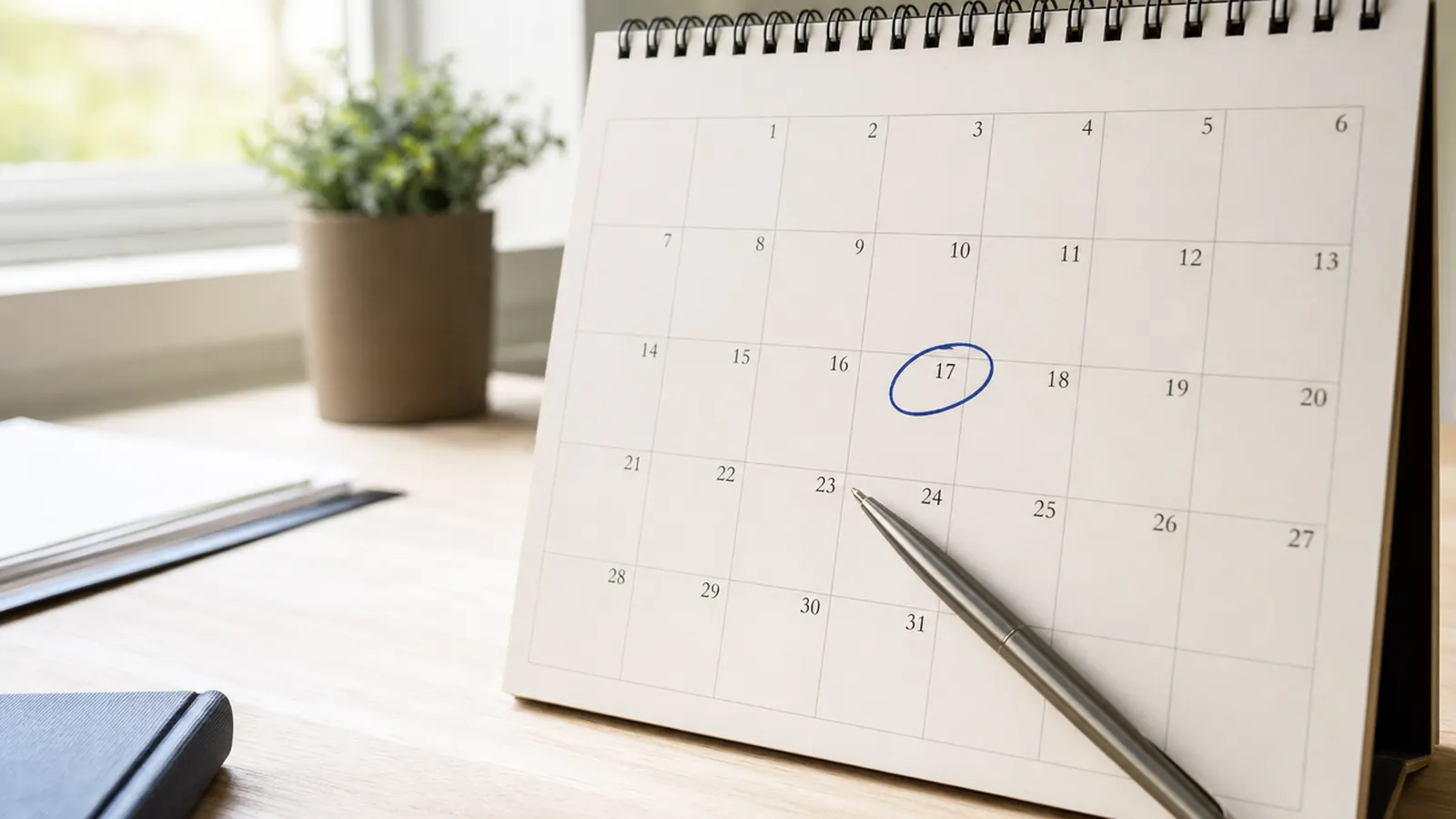 A pen lies across a desk calendar with one square circled in blue ink.