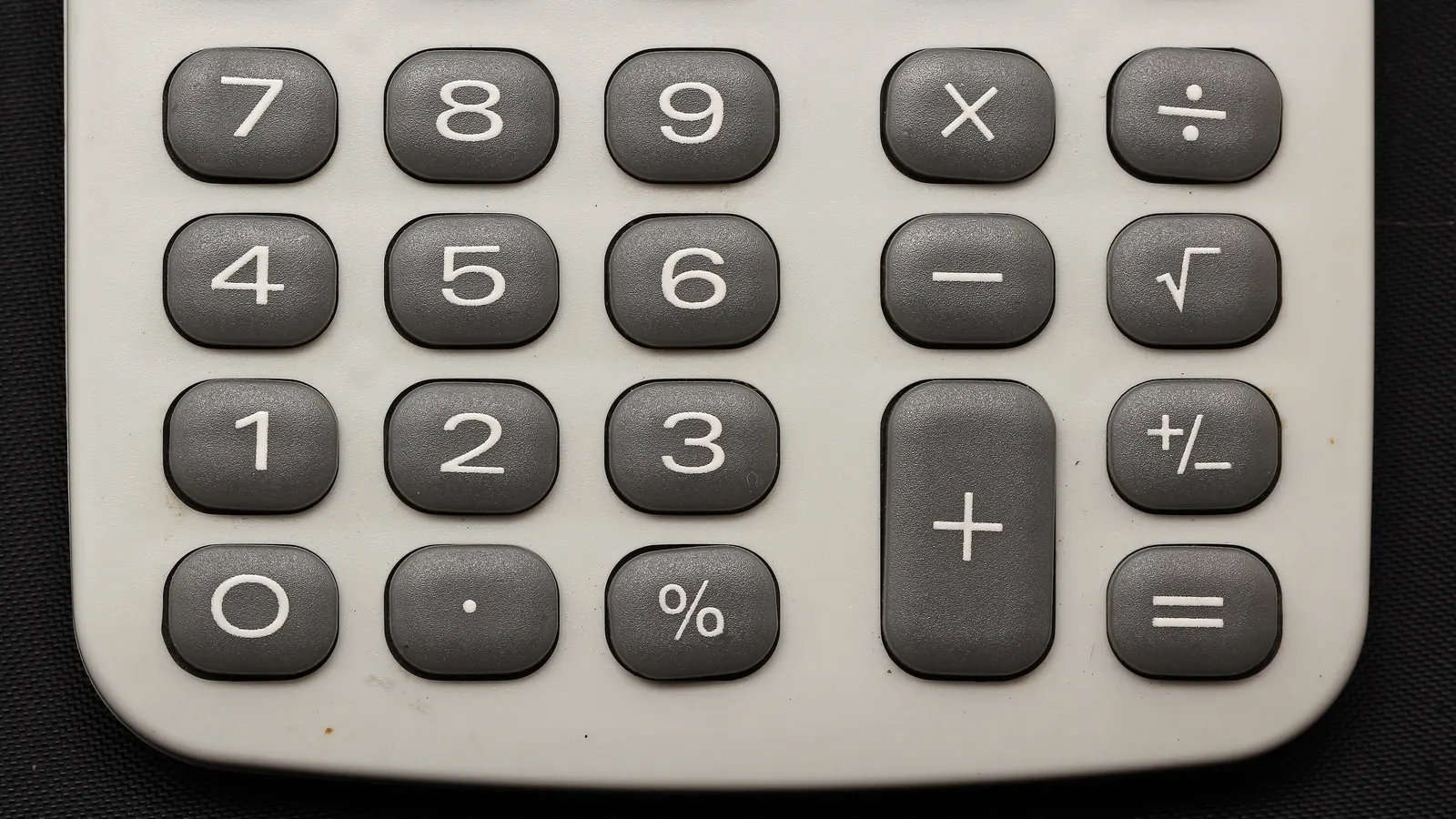 Close-up of a desk calculator keypad, with the percent key in the bottom row