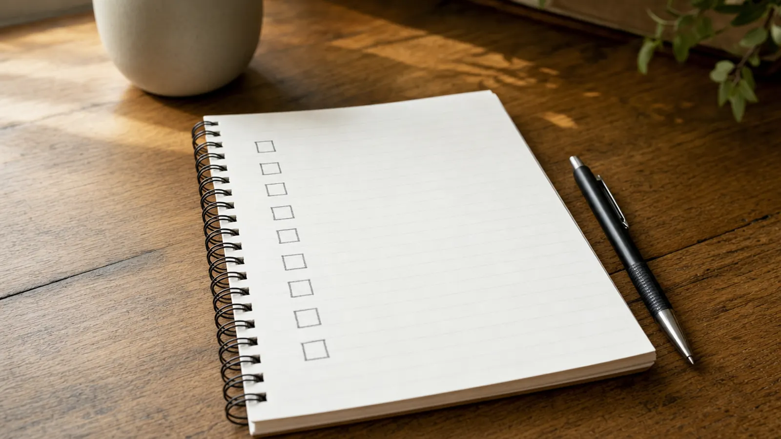 A notebook on a wooden table with a hand-drawn checklist of empty boxes and a pen