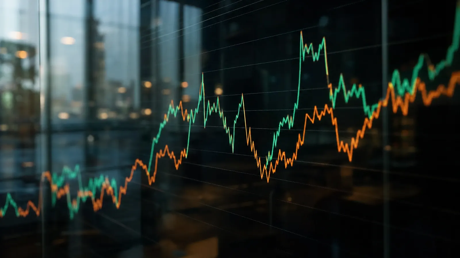 Glowing green and orange price lines rising and falling across a dark glass surface