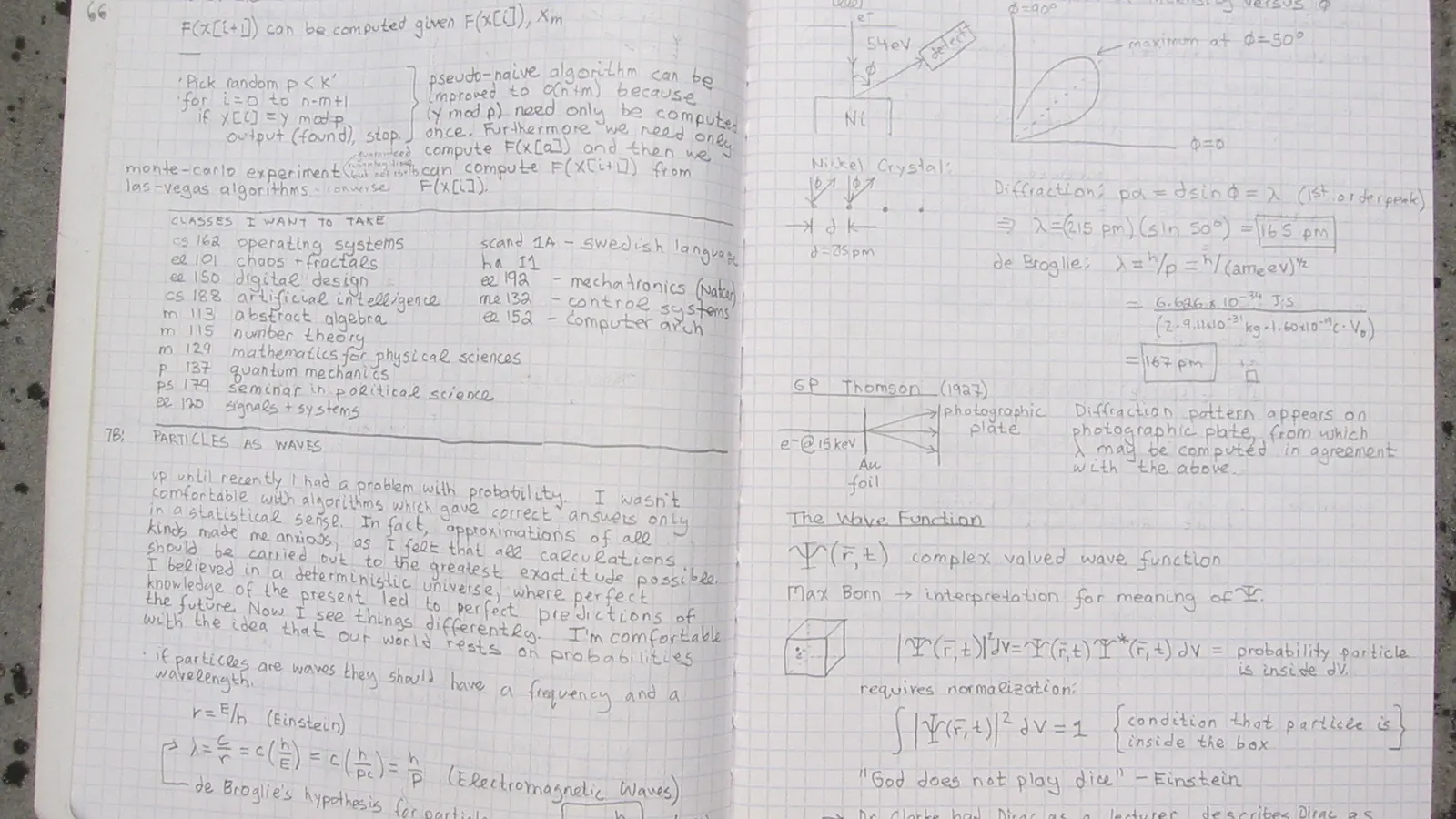 An open grid-paper notebook filled with handwritten notes, equations and small diagrams.